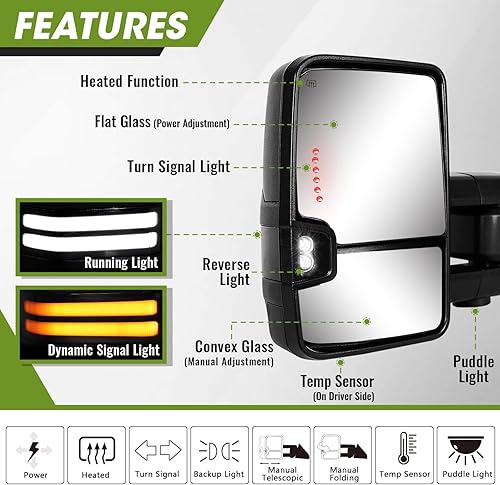 Miniatura 2 de Switchback - Espejos de remolque para Dodge Ram 1500 2009-2018, Ram 2500 3500 2010-2018, 1500 Classic 2019-2024 con señal secuencial, luces de