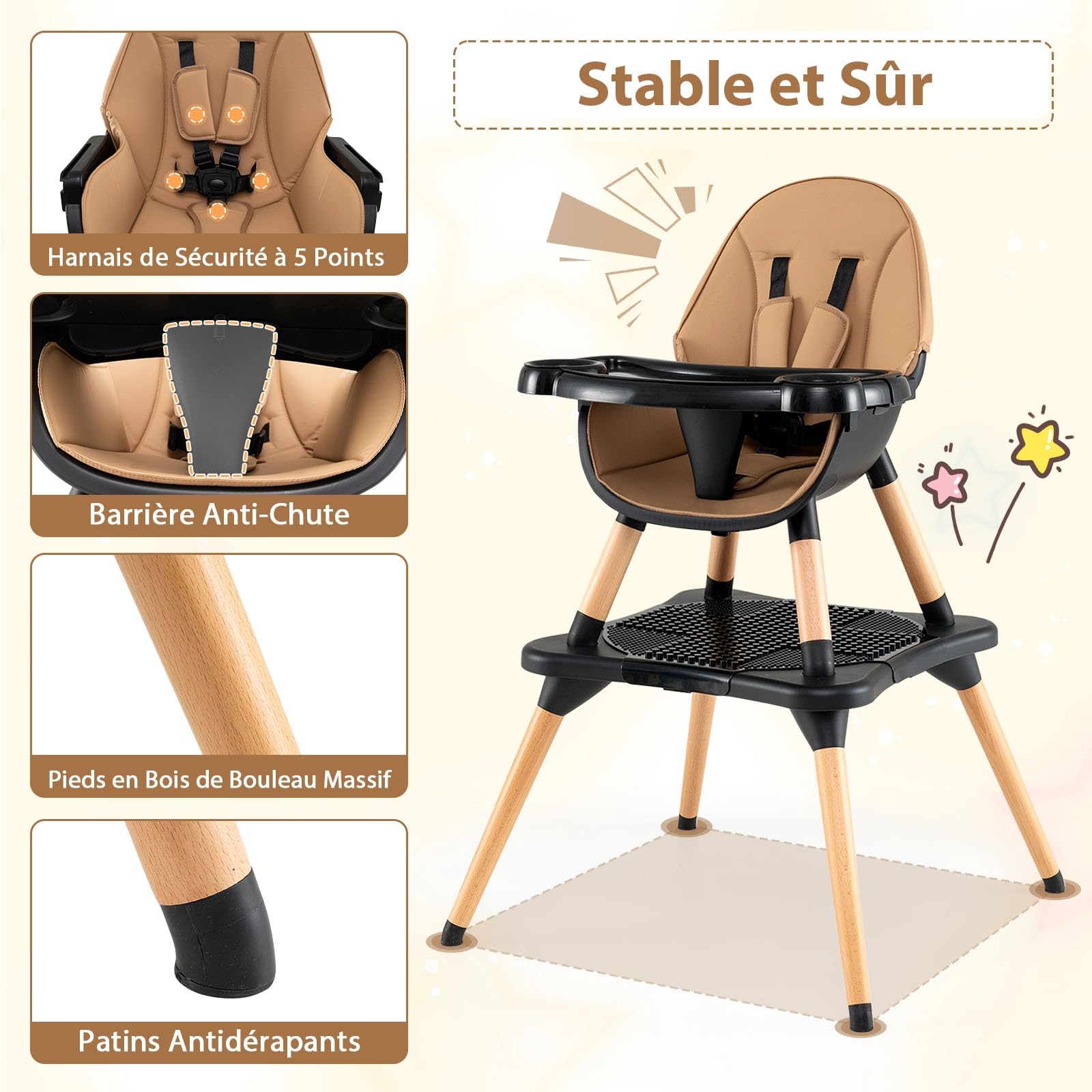 COSTWAY 6 en 1 Chaise Haute Bébé Evolutive, Table en Blocs Convertible, Harnais à 5 Points, Plateau Réglable Amovible, Chaise Haute Bebe en Bois, pour 6-36 Mois, Charge 15 kg, Café