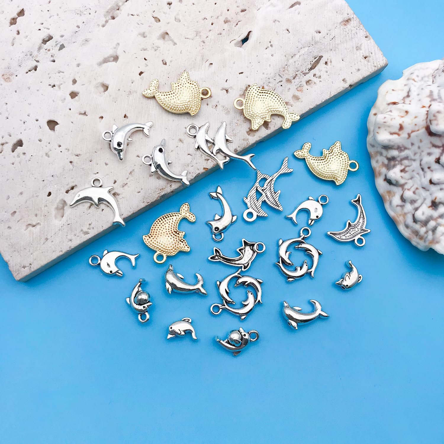 WOCRAFT 110Pcs Drip Oil Blue Dolphin Ancient Silver Dolphin Charm Pendant Jewelry Making DIY Keychain Earrings Pendant Various Design Charms for Jewelry Making Bracelets Necklace SN611 - Image 3