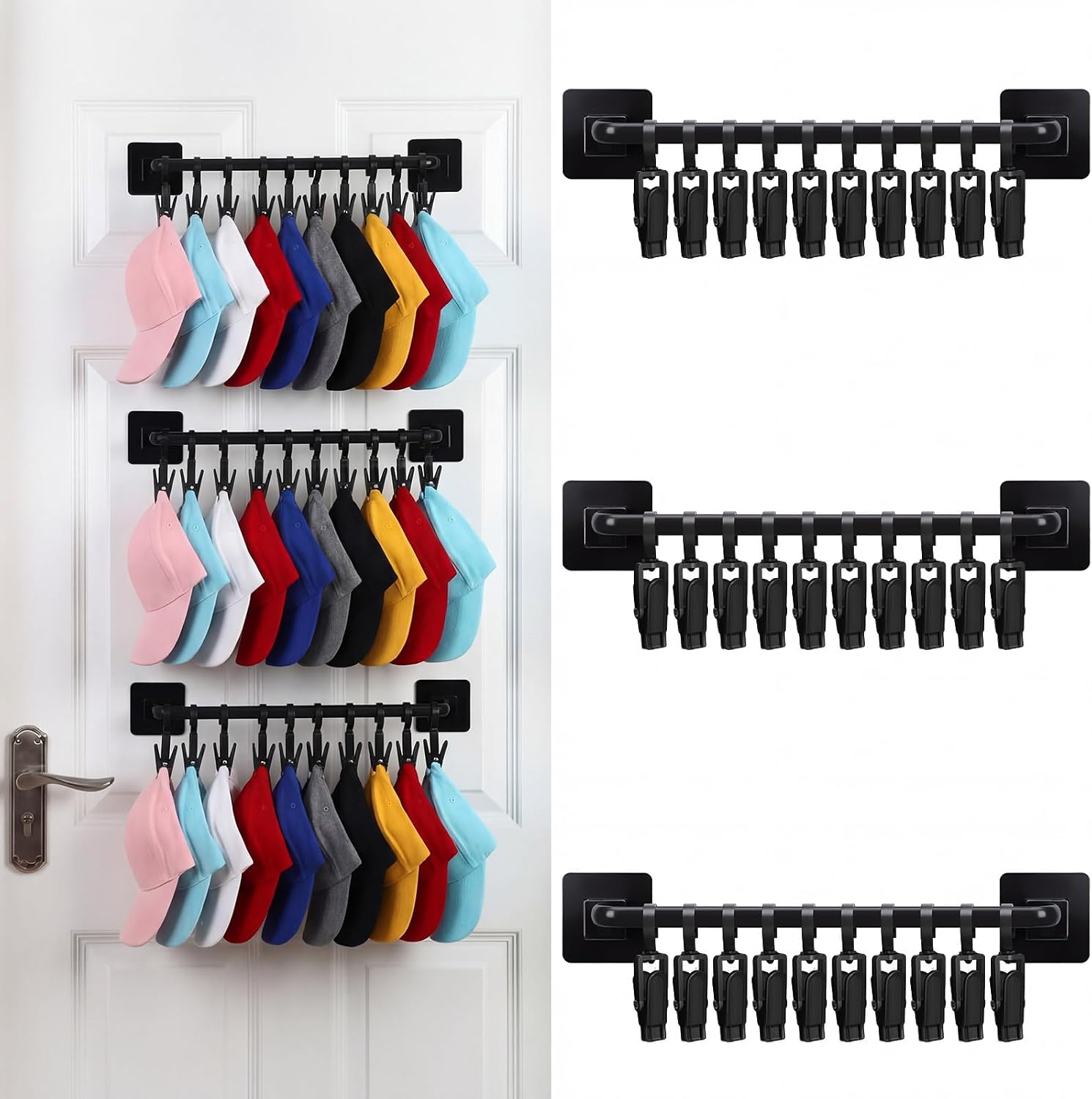 3 Pcs Hat Rack for Door Baseball Cap Hat Organizer Hanger with 30 Hooks Display Ball Caps Rack Hats Holder for Closet Door Bedroom Entryroom Laundry Storage