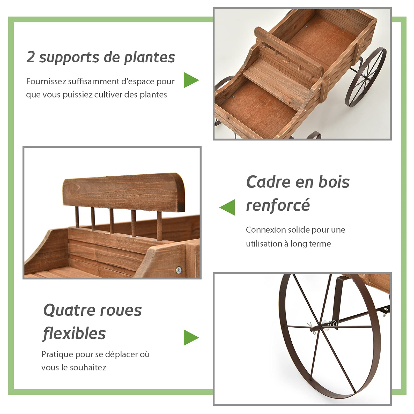 COSTWAY Brouette Décorative en Bois avec 2 Compartiments à Planter, Jardinière avec Roues Métalliques et Poignée à l'avant Charge 15kg pour Cour Jardin Véranda (Marron)