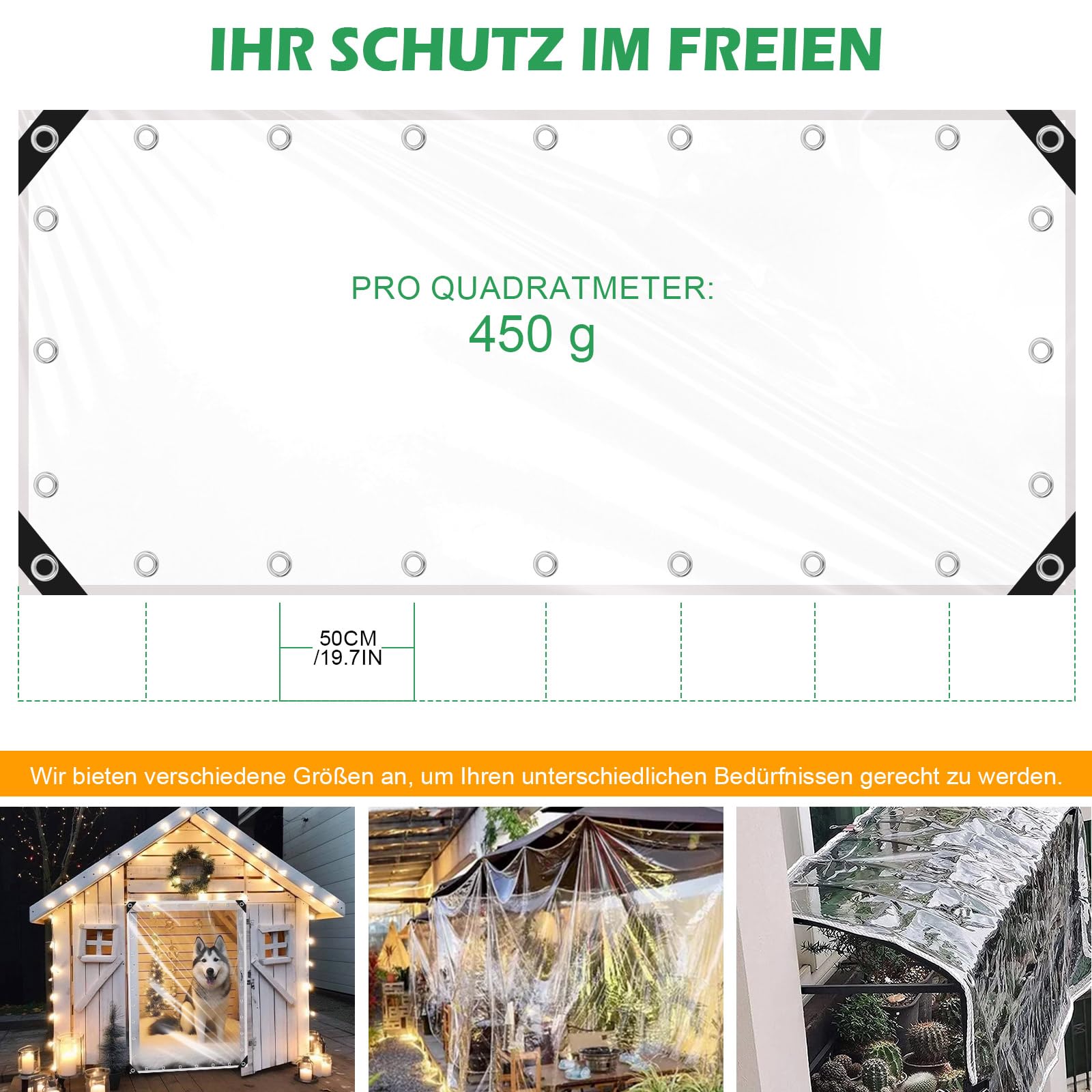Plane Transparent mit Ösen, 3x3m 450g/m² PVC Transparent Abdeckplane | 20 Kabelbindern, 10m Befestigungsseil, Regenschutz Windschutz Wasserdicht Gewebeplane für Terrassen Außenbereich