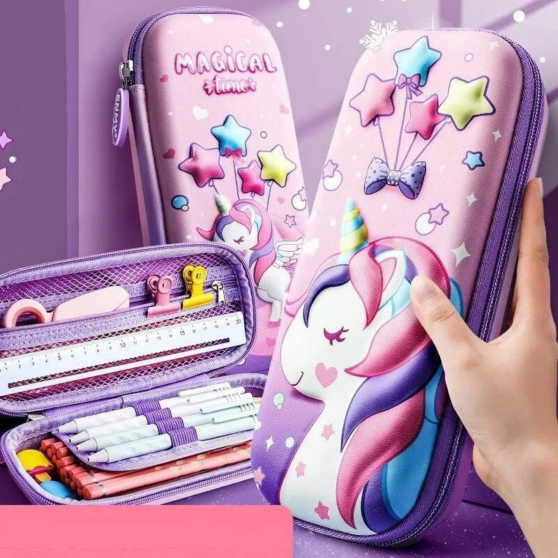 Image of DEOXY 3D Unicorn Cover Large Capacity Pencil Case Compass with Compartments, School Supply Organizer for Students, Stationery Box, Cosmetic Zip Pouch Bag-CK12UN