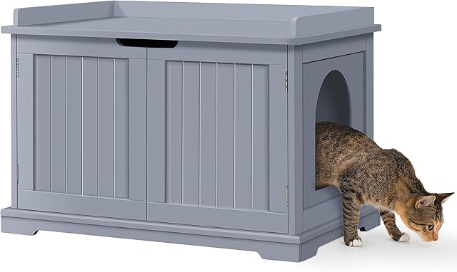 Yaheetech Wooden Cat Litter Box Enclosure, Hidden Cat Litter Tray Box Cat House Indoor Cats Bathroom Side Table End Table for Large Cat Kitty with Double Doors, Moveable Partition Grey