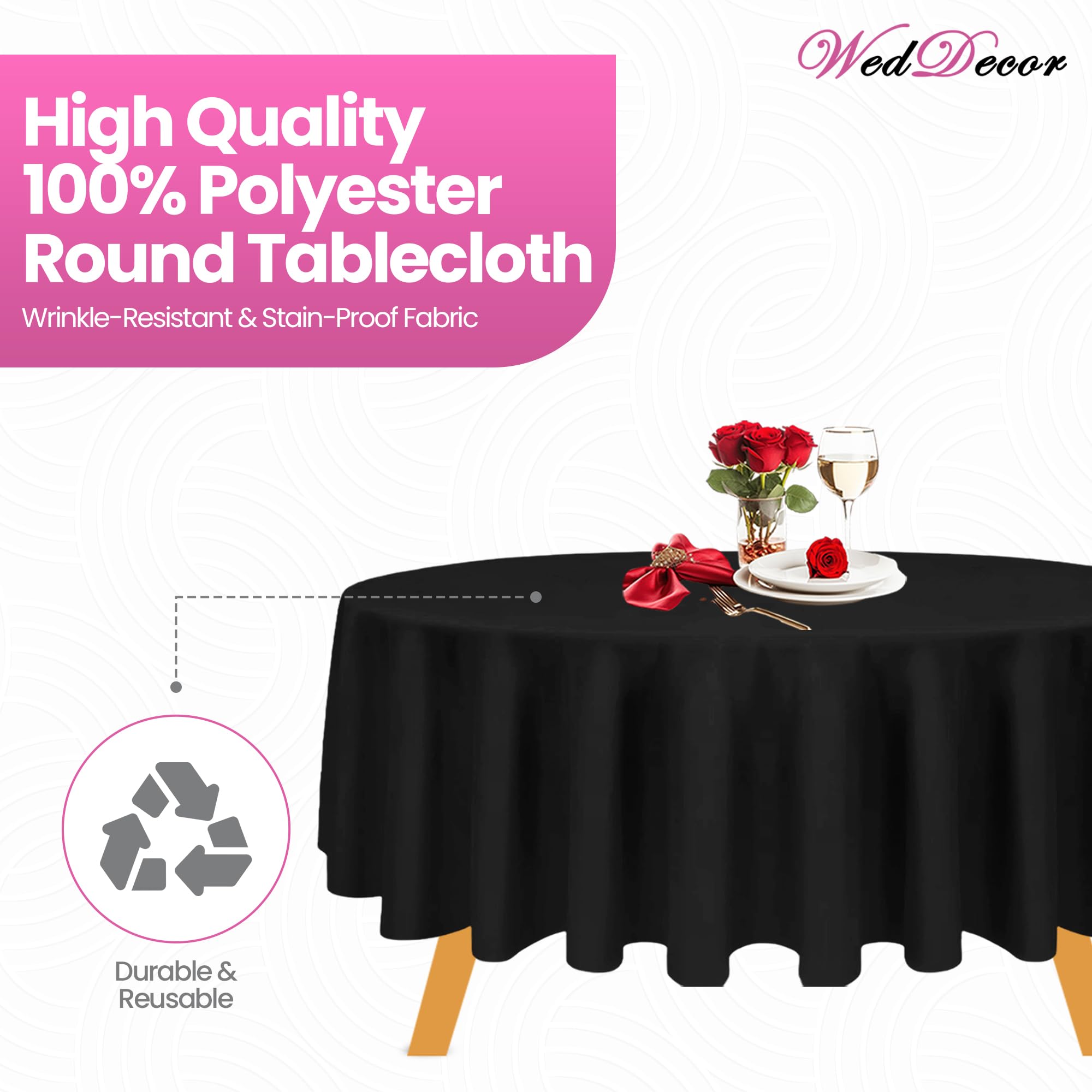 Weddecor Mantel redondo de algodón y poliéster, 120 pulgadas, mantel circular de lino de primera calidad, mantel de tela lavable para bodas, fiestas, mesa de comedor, banquetes, negro, 10 unidades