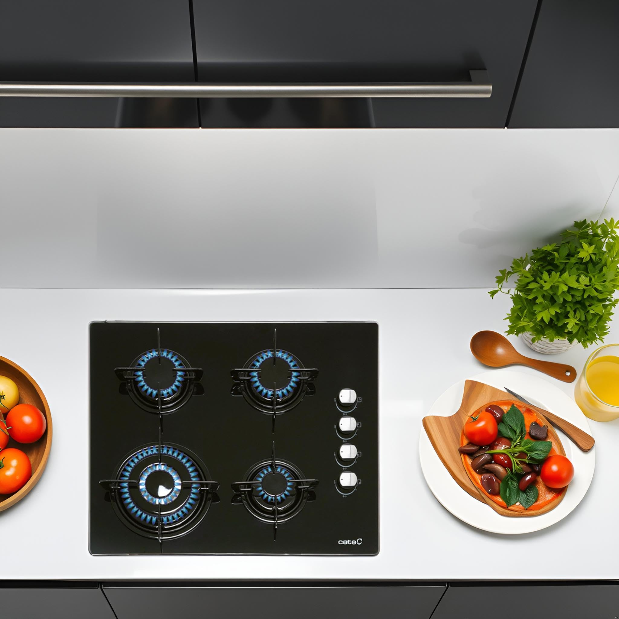 CATA CIB 6031 BK Plaque de cuisson au gaz 4 brûleurs 1 triple couronne Pour cuisinière à gaz naturel Largeur 59 cm Puissance totale de 8 Kw Tiges et brûleurs émaillés