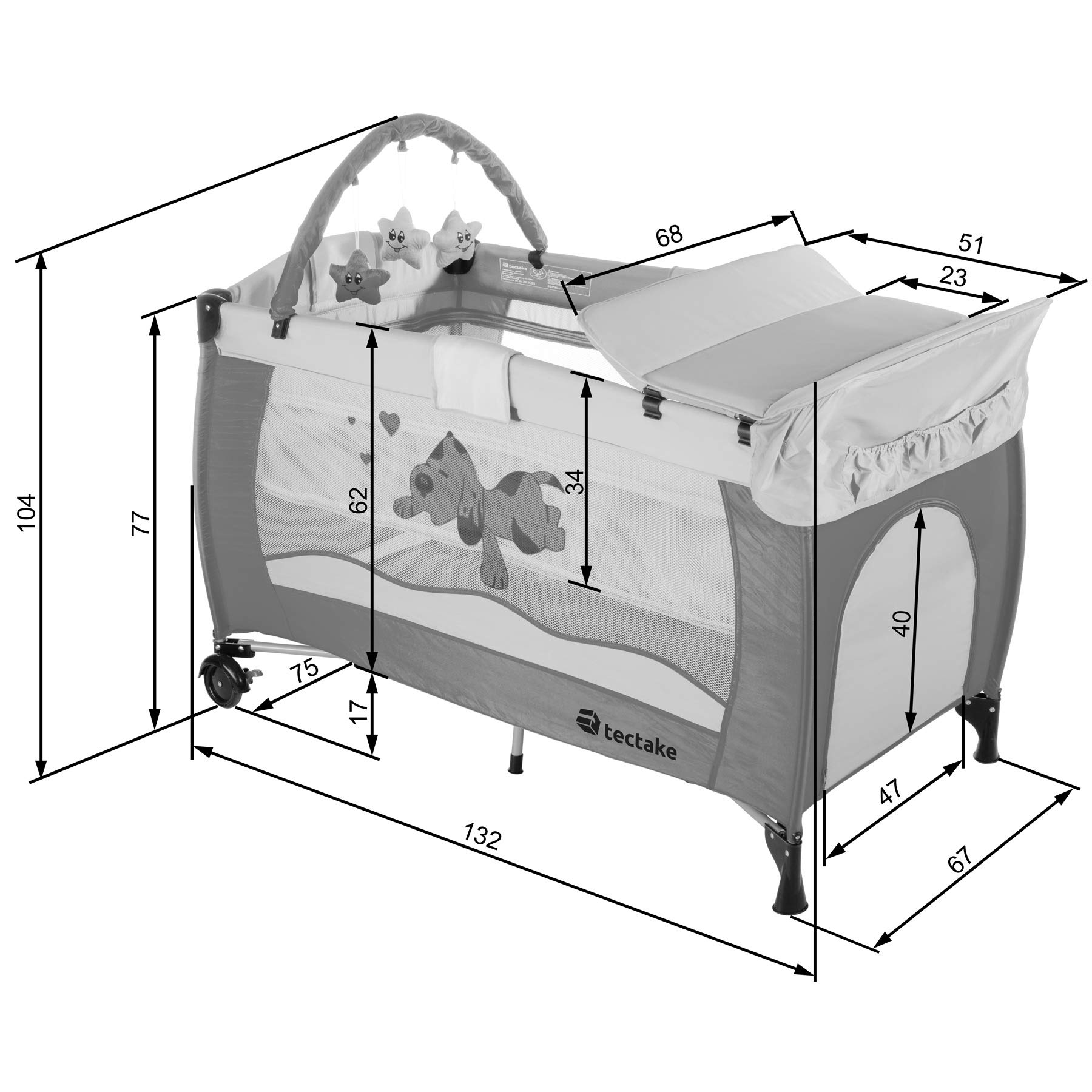 tectake® Cuna Bebe Plegable y Ajustable, Parque Infantil con Corralito y Bolsa de Transporte, Cama Infantil Portátil, Corral para Bebe - 132 x 75 x 104 cm Diseño Tigre Azul