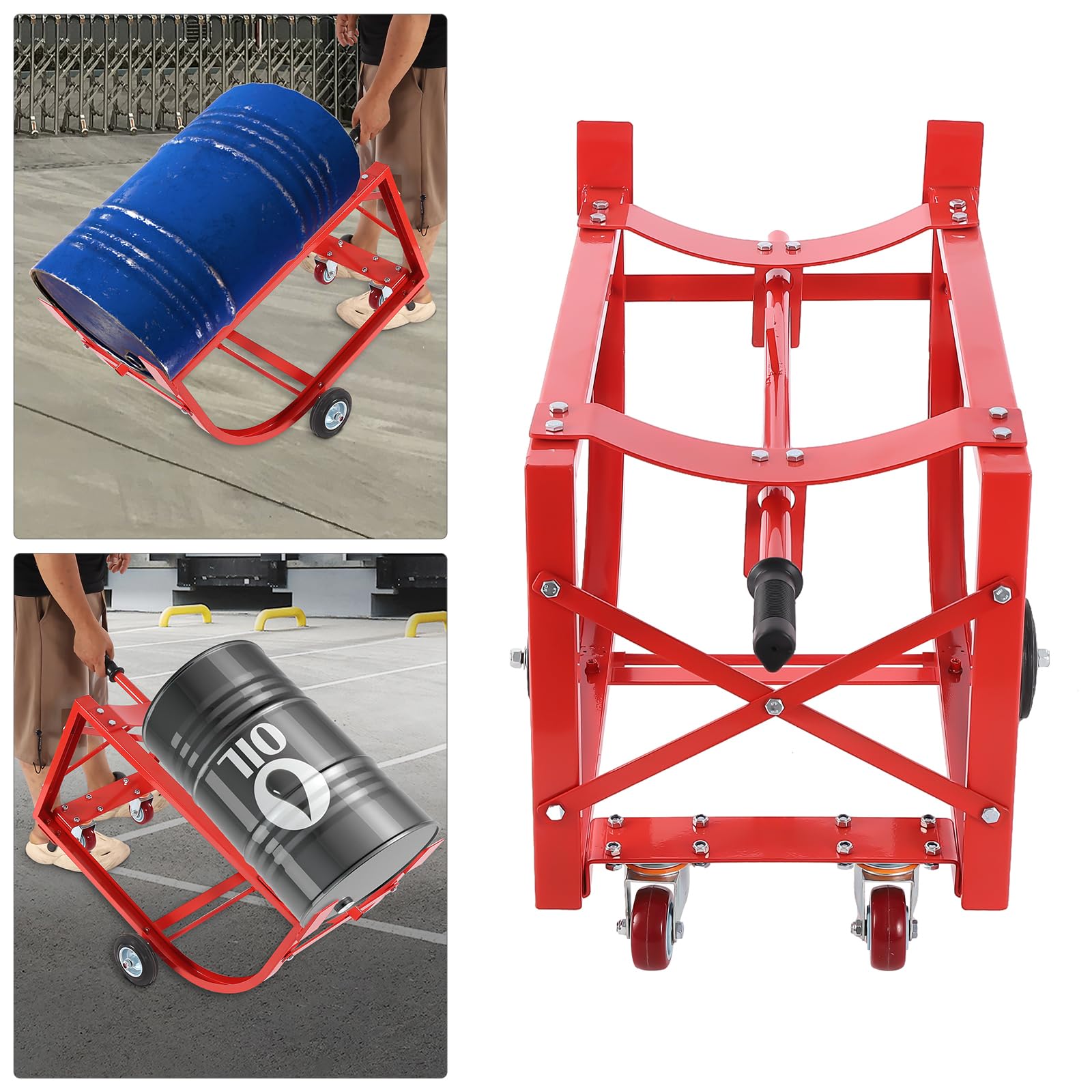 Culla mobile d'acciaio del supporto del tamburo dell'olio della culla di movimentazione del tamburo da 55 galloni, carrello a mano industriale rosso per i barili di petrolio, capacità 600 libbre