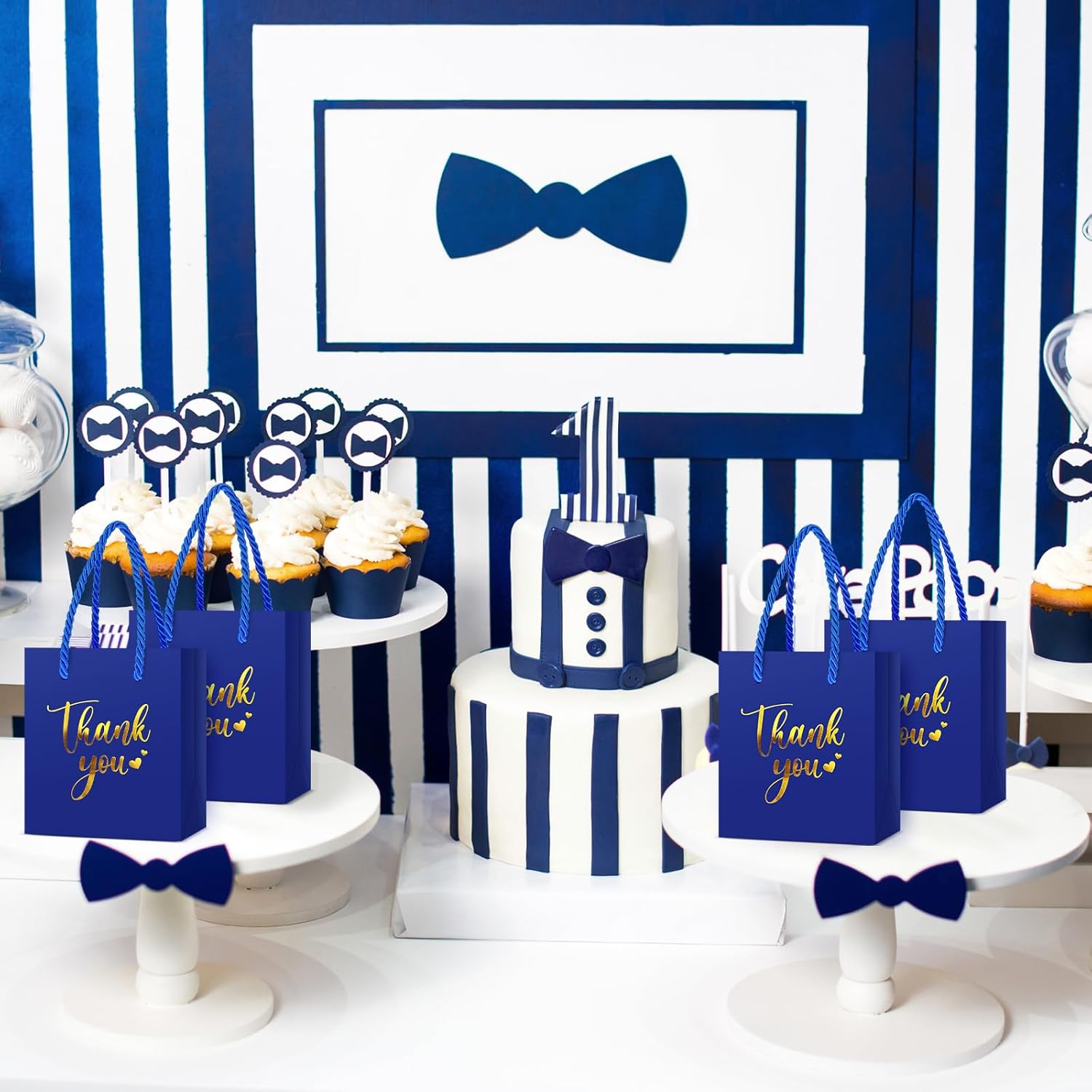 Honoson 30 Pcs Mini Gift Bag with Handle 4 x 2.75 x 4.5'' Small Thank You Bag Foil Paper Tote for Valentine's Day Wedding Baby Shower Birthday Graduation Party Favor Supplies(Dark Blue/Gold) - Image 5