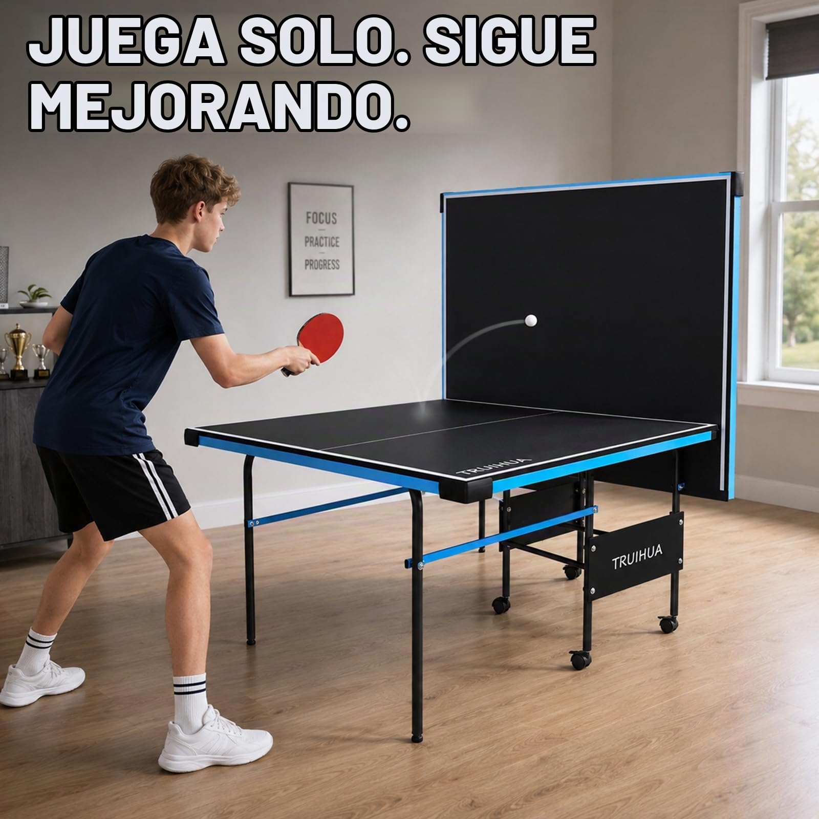 7FT Mesa de ping pong interior junior compacta plegable para exteriores con pala de ping pong y red para niños 210 x 117 x 76 cm