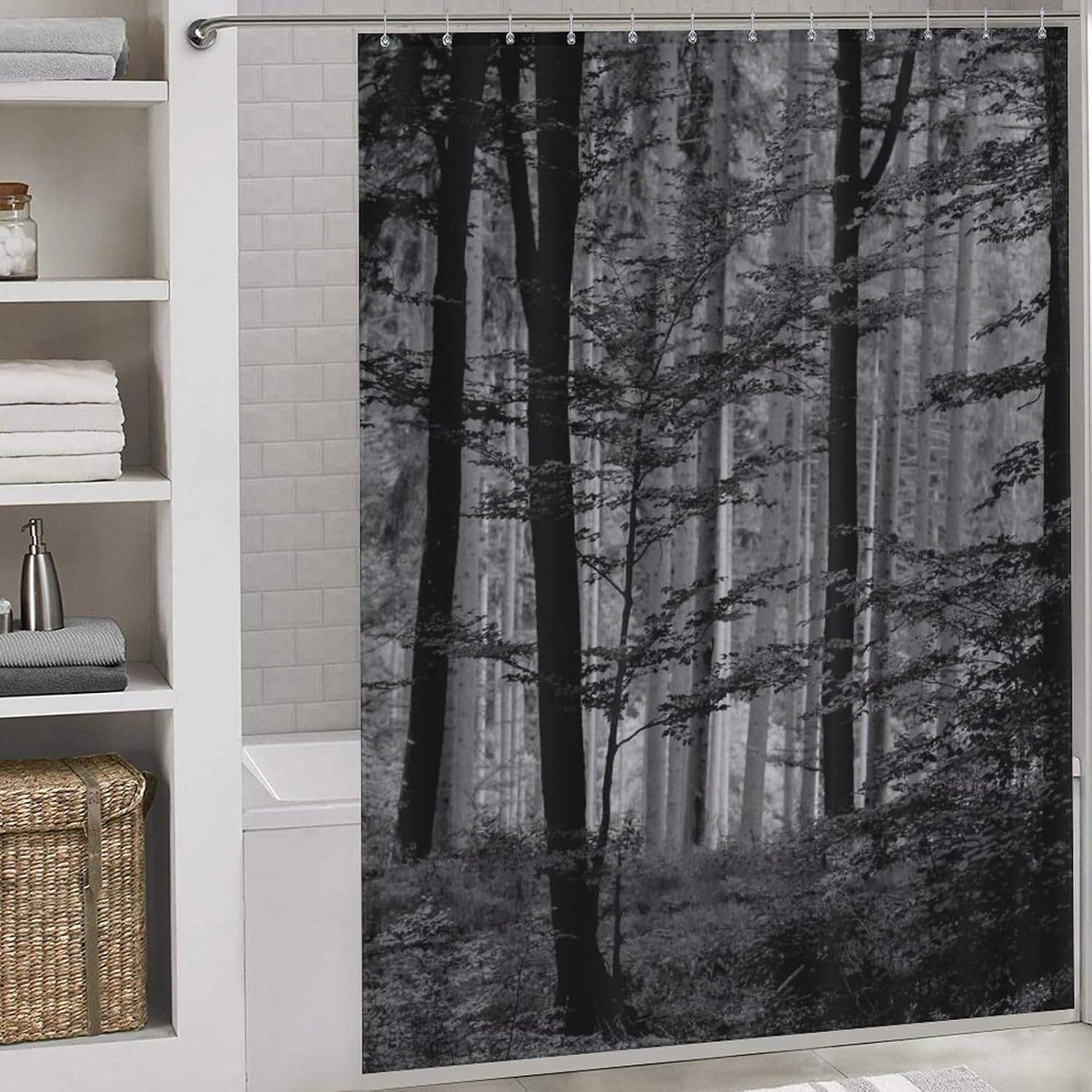 Forest Shower Curtains, Gothic Misty Foggy Jungle Nature Forest Mountain Landscape Scenery Woodland Goth Dark BlackWaterproof Fabric Bathroom Shower Curtain Set with Hooks, 72"x84" Inch