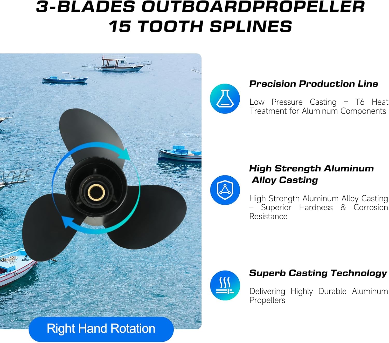 13 3/4x19 Aluminum Boat Propeller for Suzuki DF 50/60/70/90/100/115/140 HP Engine, 15 Spline Tooth, 3 Blades,OEM Parts No. 58100-87L30-019,Rh
