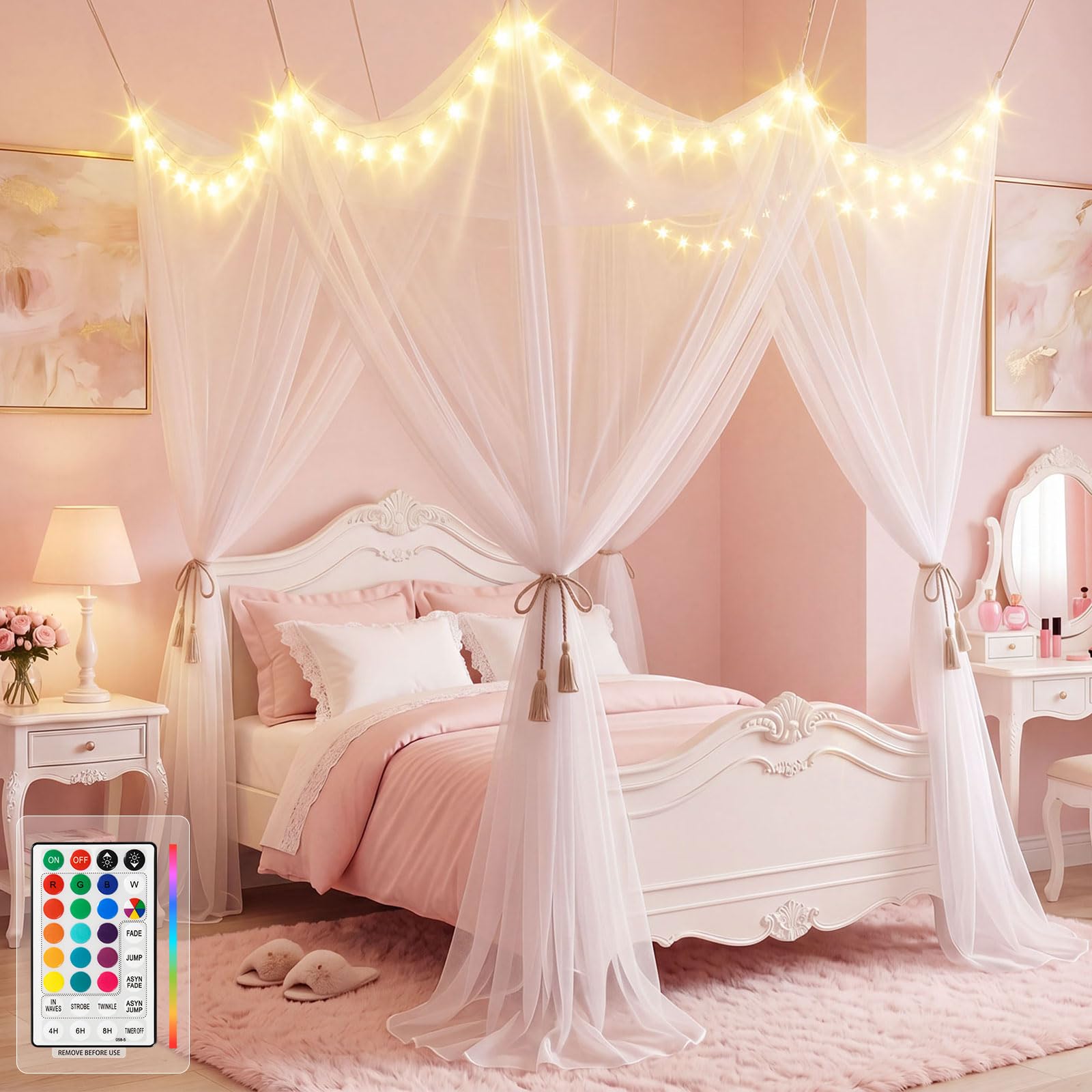 Betthimmel mit RGB-Lichterkette für Queen-Size-Bett, Doppelbett, 8 Ecken, weißer Baldachin, Bettvorhänge, Moskitonetz mit Lichtern, Fernbedienung, Timer für Kinder, Erwachsene, Innenbereich