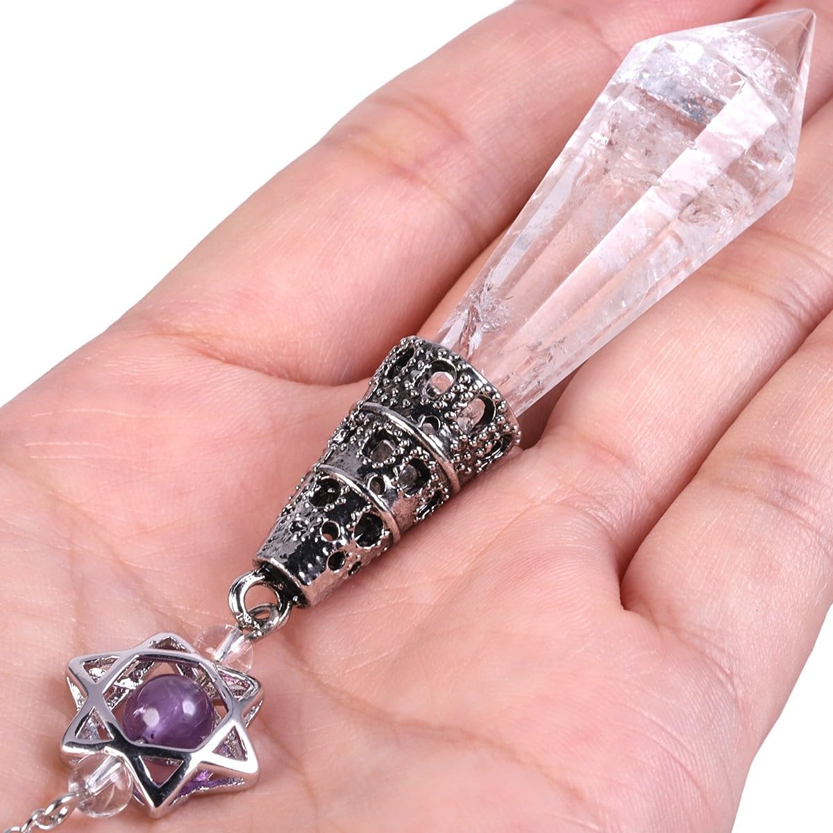mookaitedecor Natural Clear Quartz Crystal Divination Dowsing Pendulum Faceted White Crystal Point Pendulum with Merkaba Star Dream Catcher Reiki Healing Crystal Witchcraft Wiccan Supplies Decor Gift - Image 2