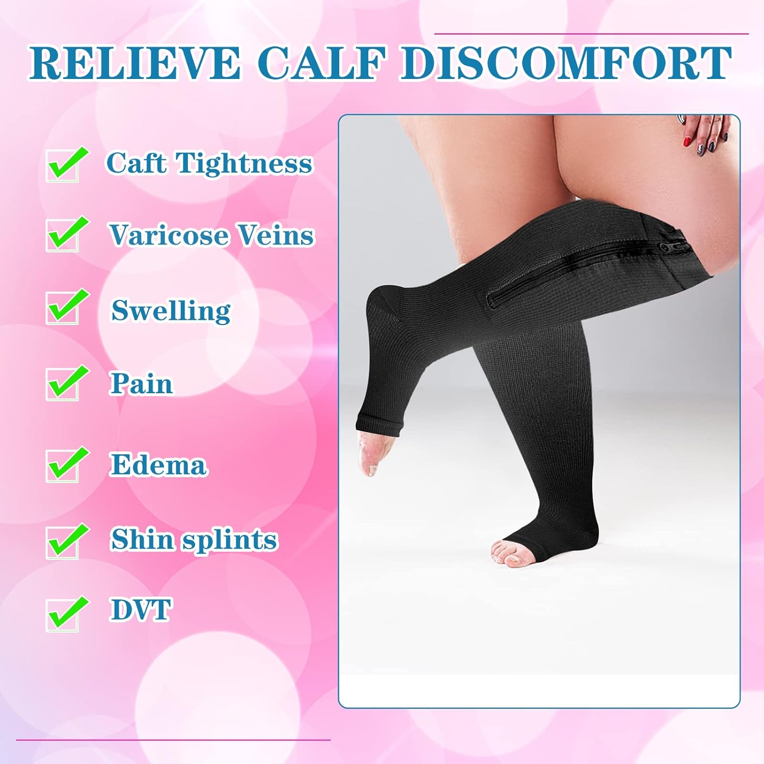Hillban 2 Pair Plus Size Calf Zipper Compression Socks 15 to 20 Mmhg Open Toe Compression Stockings for Overweight Women Men - Image 6