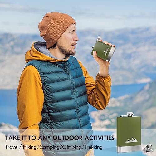Miniatura 5 de KWANITHINK Frasco de cadera de acero inoxidable, 8 onzas, verde mate, a prueba de fugas con embudo, para exteriores, escalada, exploración, regalo