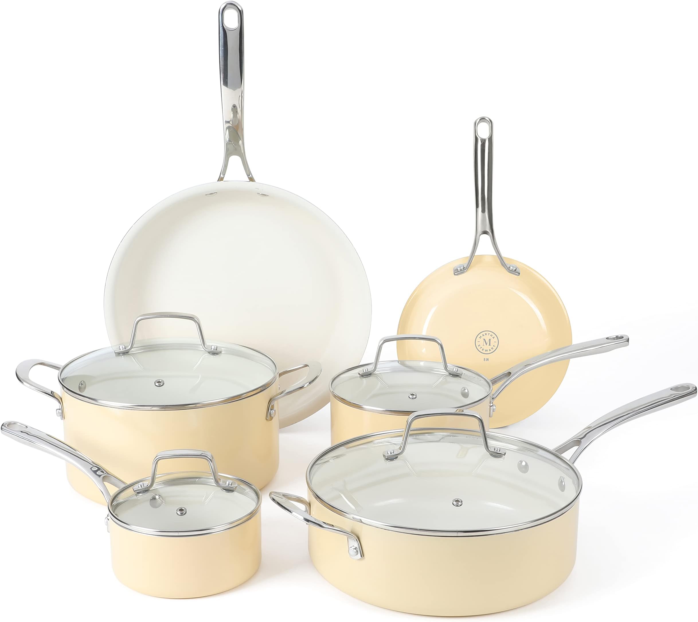 Martha Stewart Lockton Premium Nonstick PFA Free Ceramic Interior 10 Piece Enamel Heavy Gauge Aluminum Pots and Pans Cookware Set - Butter Cream