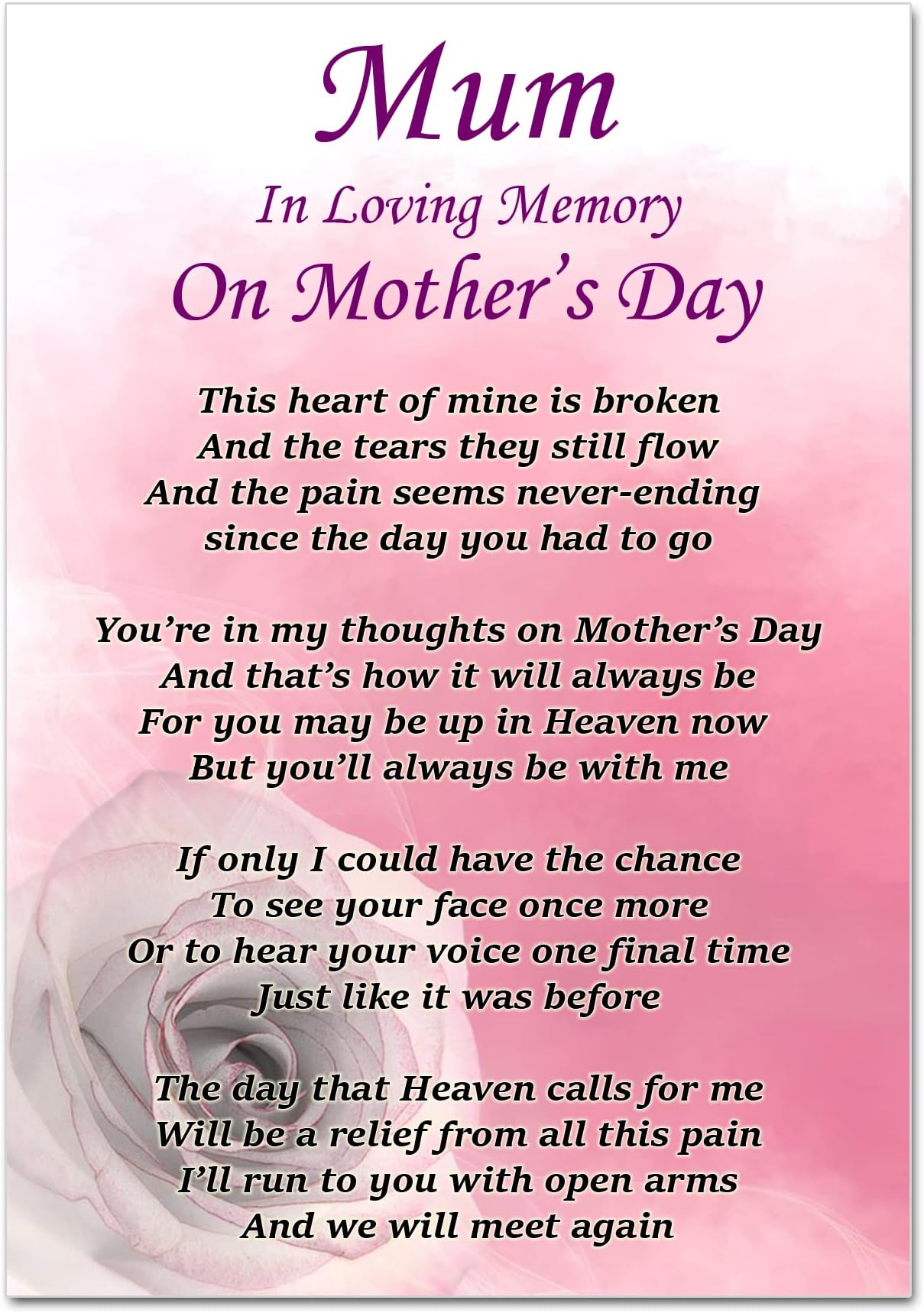 Mum In Loving Memory On Mother's Day Memorial Graveside Poem Card & Ground Stake F334