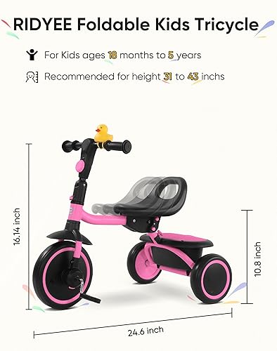 Miniatura 6 de Triciclo para niños de 18 meses a 5 años, triciclos plegables para niños de 3 a 5 años, triciclo para niños con asiento ergonómico ajustable y cesta