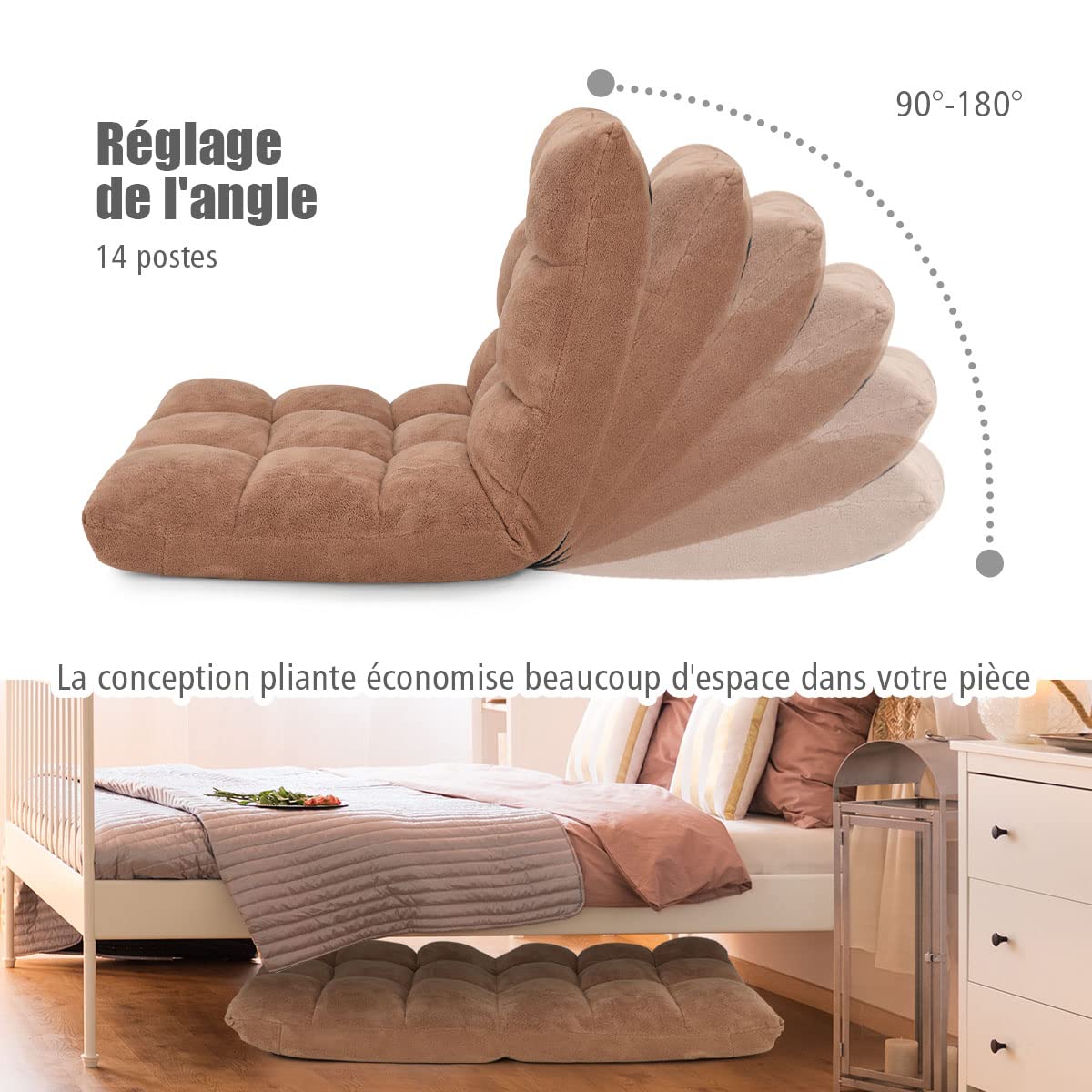 GOPLUS Silla de suelo plegable, sillón convertible ajustable de 14 niveles, sillón perezoso con terciopelo coral cómodo, silla de meditación acolchada, 105 x 56 x 15 cm (Beige)