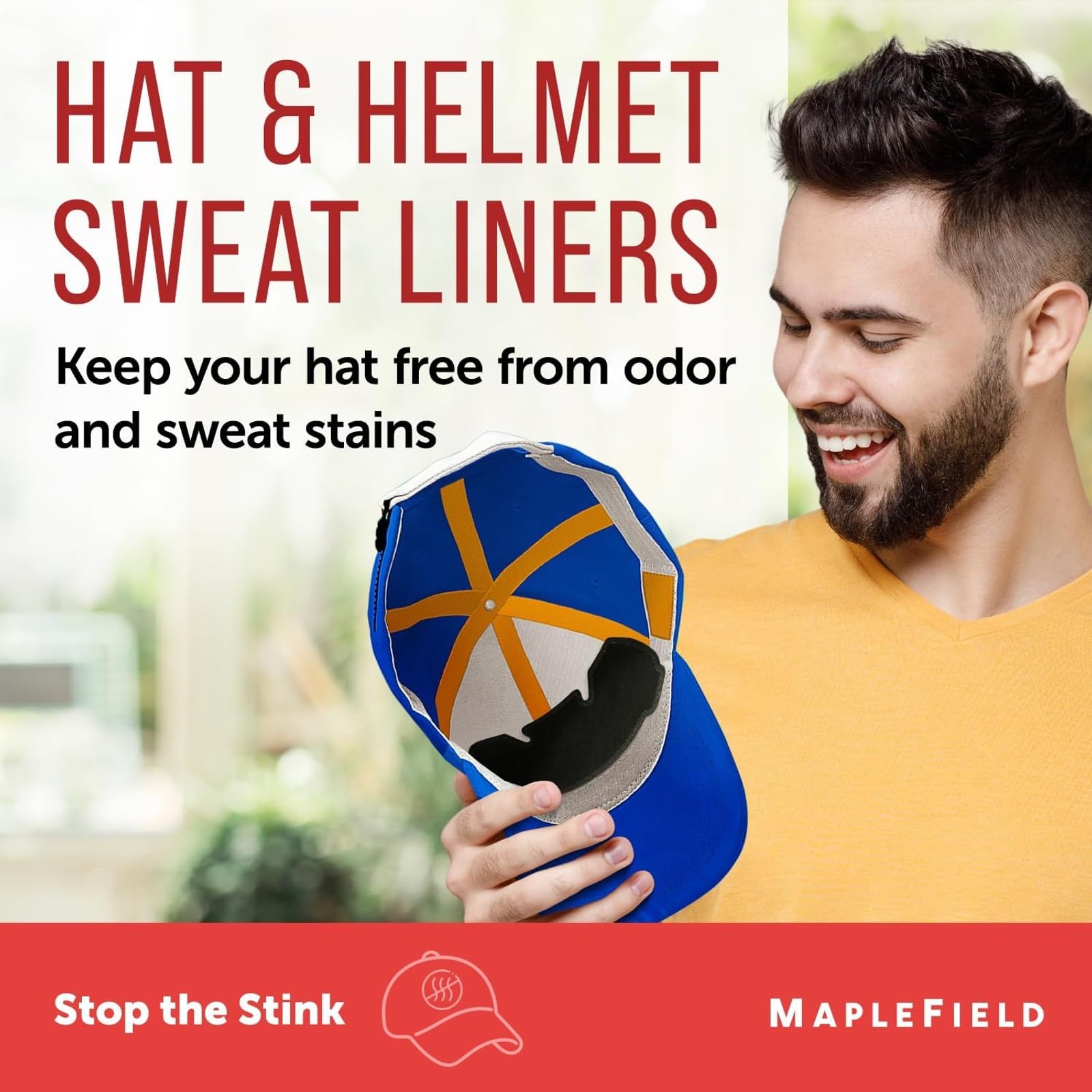 Maplefield 20 Pack Hat and Helmet Sweat Liners with Adhesive Backing, Absorbent Moisture Pads, Sweat Guard Prevents Stains and Odors - One Size Hat Liners Fits All Caps and Helmets