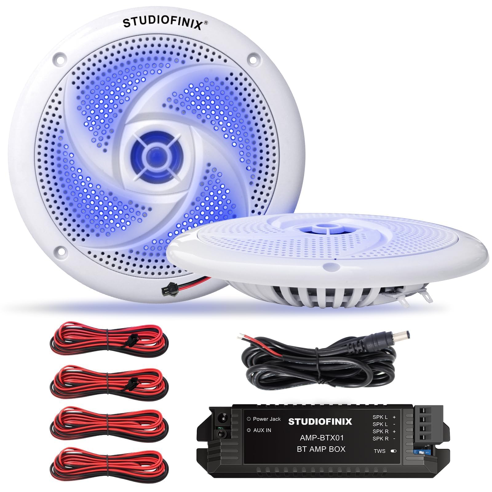STUDIOFINIX Waterproof Bluetooth Marine Speakers - 6.5 Inch 2 Way Weather Resistant Outdoor Boat Audio System with LED Lights, 240Watt Power and Low Profile Slim Style - (White)