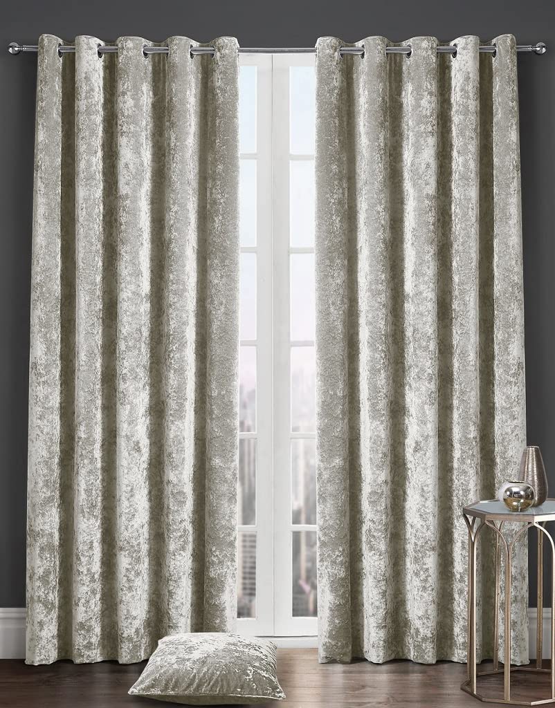 Goldstar Natural Crushed Velvet Eyelet Fully Lined Curtains, 66 X 72 Inch,