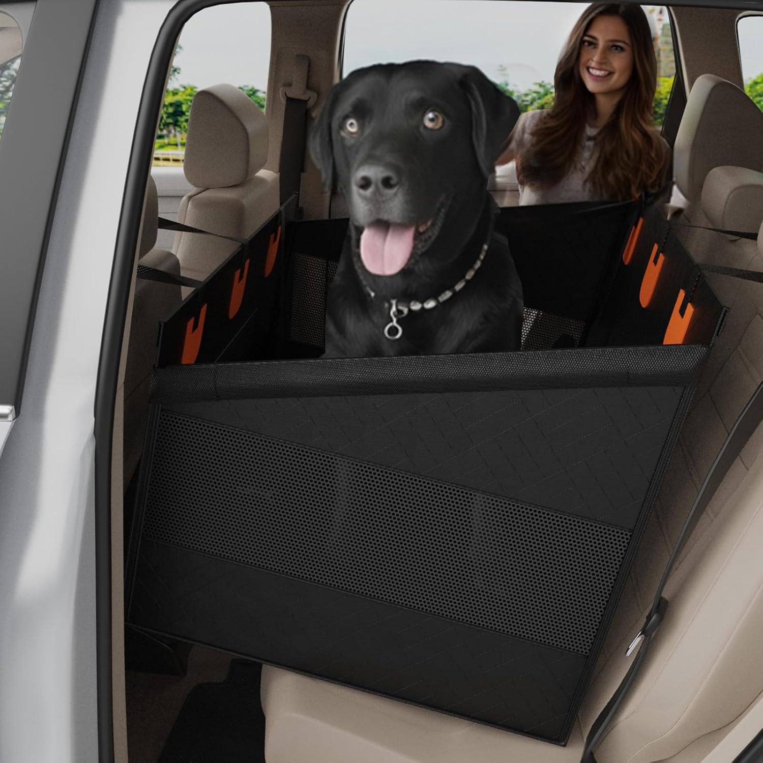 Large Dog Car Seat, Hard Bottom Car Seats Cover for Dogs, Waterproof Non-Slip Foldable Back Seat Extender for Medium to Large Size Dog, Backseat Cover for Dogs in Vehicle SUV Truck, Black L