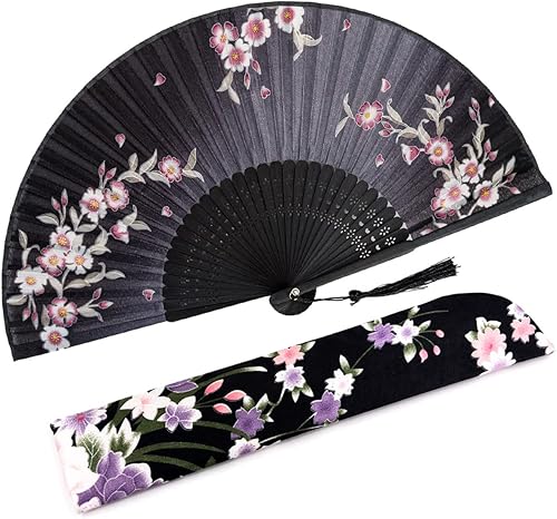 Miniatura 27 de Amajiji - Abanico plegable de seda y bambú, 8.27 pulgadas (21 cm), estilo retro, vintage, elegante y encantador, chino/japonés, regalo para mujeres