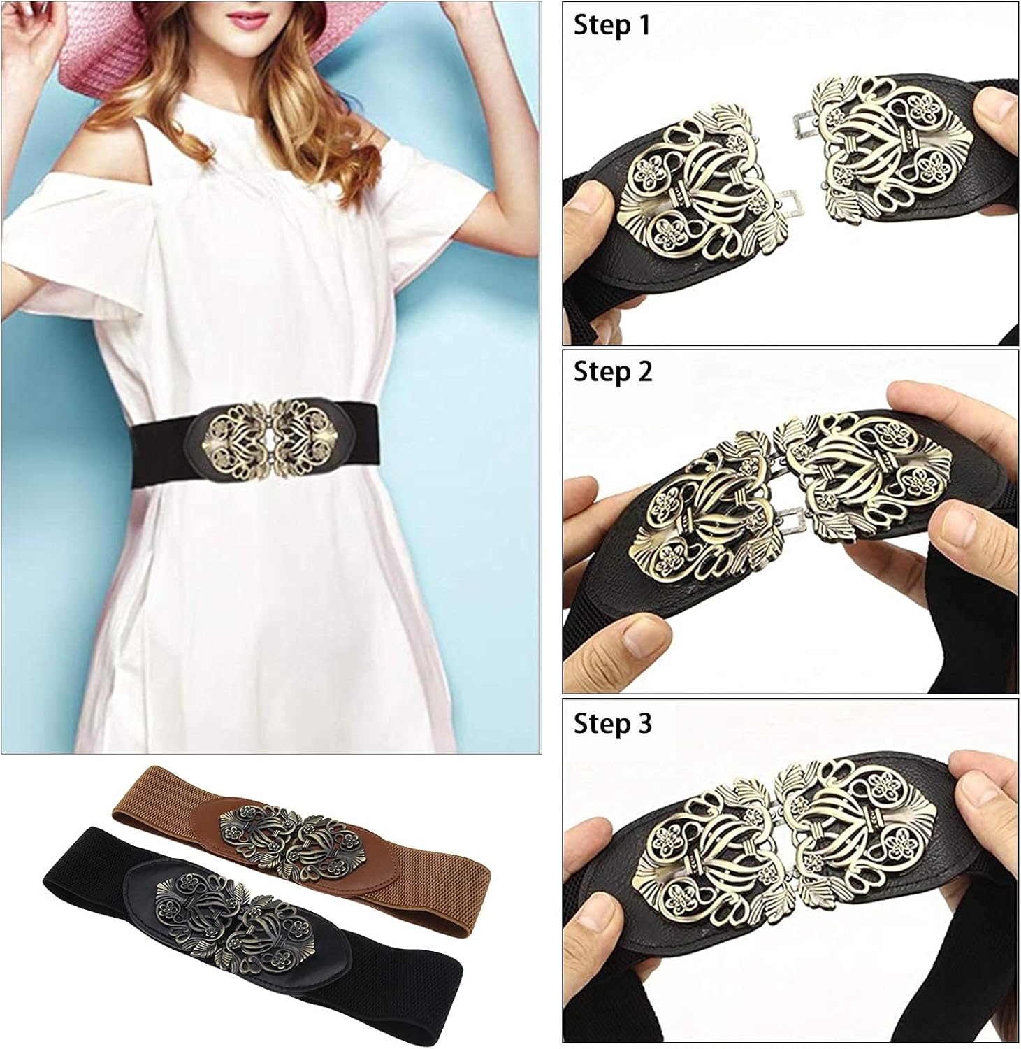 2pcs Vintage Ladies Stretch Waist Belt Cinch Waistband Alloy Polyester Black Brown for Jeans Pants Dresses Coats Jacket Tunic Blouses, Brown,black, 62x7.1cm - Image 4