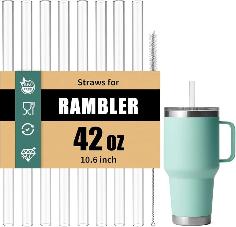 Straws for Yeti 42 oz Cup, 8Pcs 10.6 Inch Reusable Replacement Straws for 42oz Rambler Tumbler, BPA-Free Hard Plastic Accessories with 1 Cleaning Brush, Ideal for Smoothies, Milkshakes