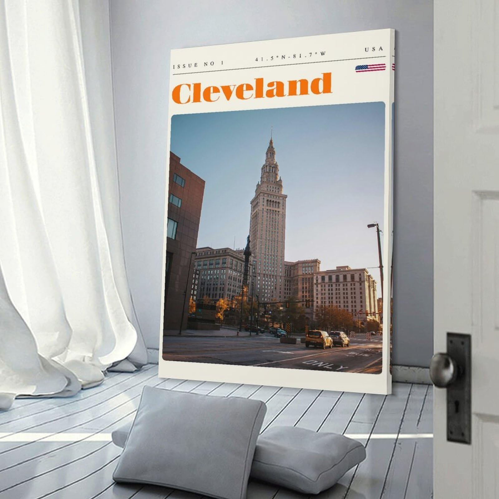 Junmoney Cleveland Ohio Skyline Travel Art Canvas Wall Decor, 24x36inch(60x90cm), for New Homes, Bedrooms Or Workspaces, Gift Idea for Housewarming And Birthdays