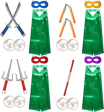 Kids Superhero Ninja Costume and Weapons Set Super Hero Ninja Capes and Masks Accessories for Boy Cosplay Dress Up Parties Green