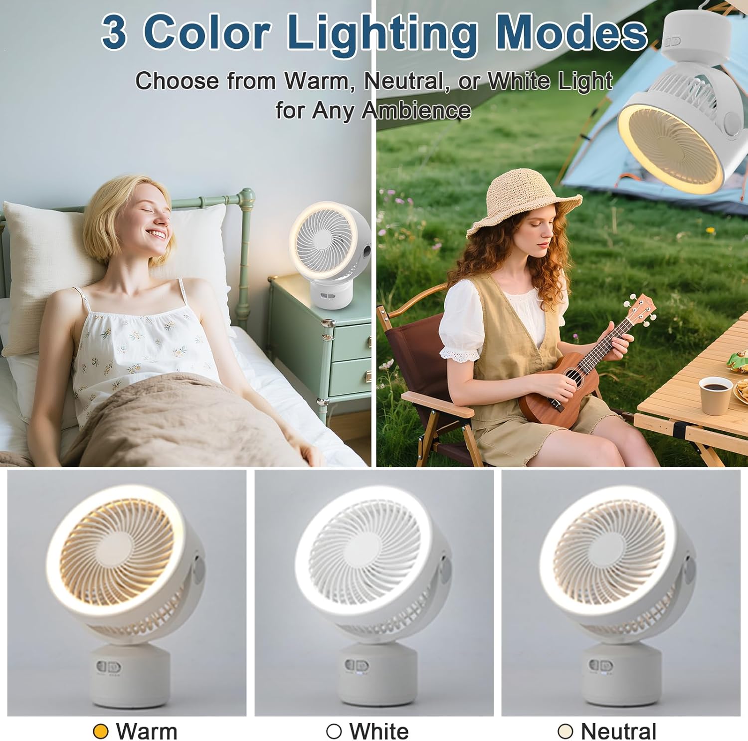 eYotto Camping Fan with 4 Speeds/3-Color Light,Portable Rechargeable 180° Oscillating Desk Fan with Standing and Remote Control,Air Circulator Usb Fan for Tent,Sleeping,Bedroom,Outdoor Hanging,Desktop