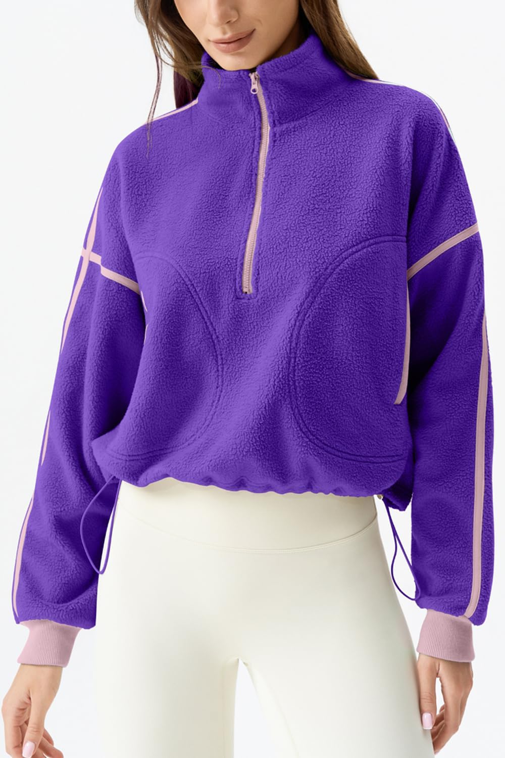 QINSEN Women's Half Zip Fleece Short Pullover Sweatshirt Winter Long Sleeve Cozy Sherpa Sweater Top - Image 2