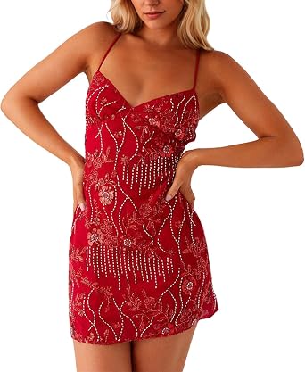 Women Sequin Sleeveless Mini Dress Sparkly Backless Strappy Short Dress Sexy Glitter V Neck Cami Dresses Party Club Red
