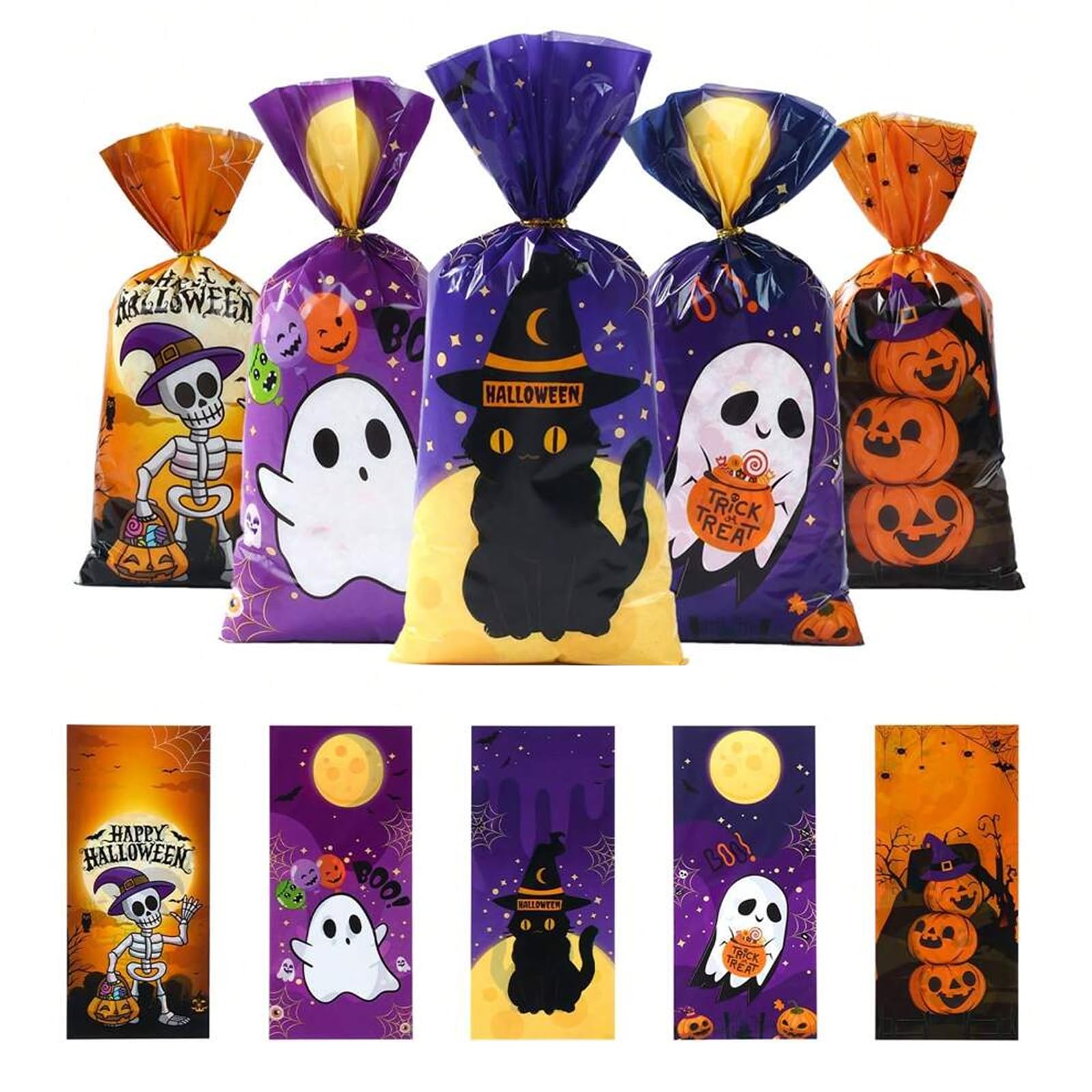 100 Pcs Halloween Candy Bags, Five Styles of Halloween Treat Bags, Goodie Bags with Ties for Candy and Snacks