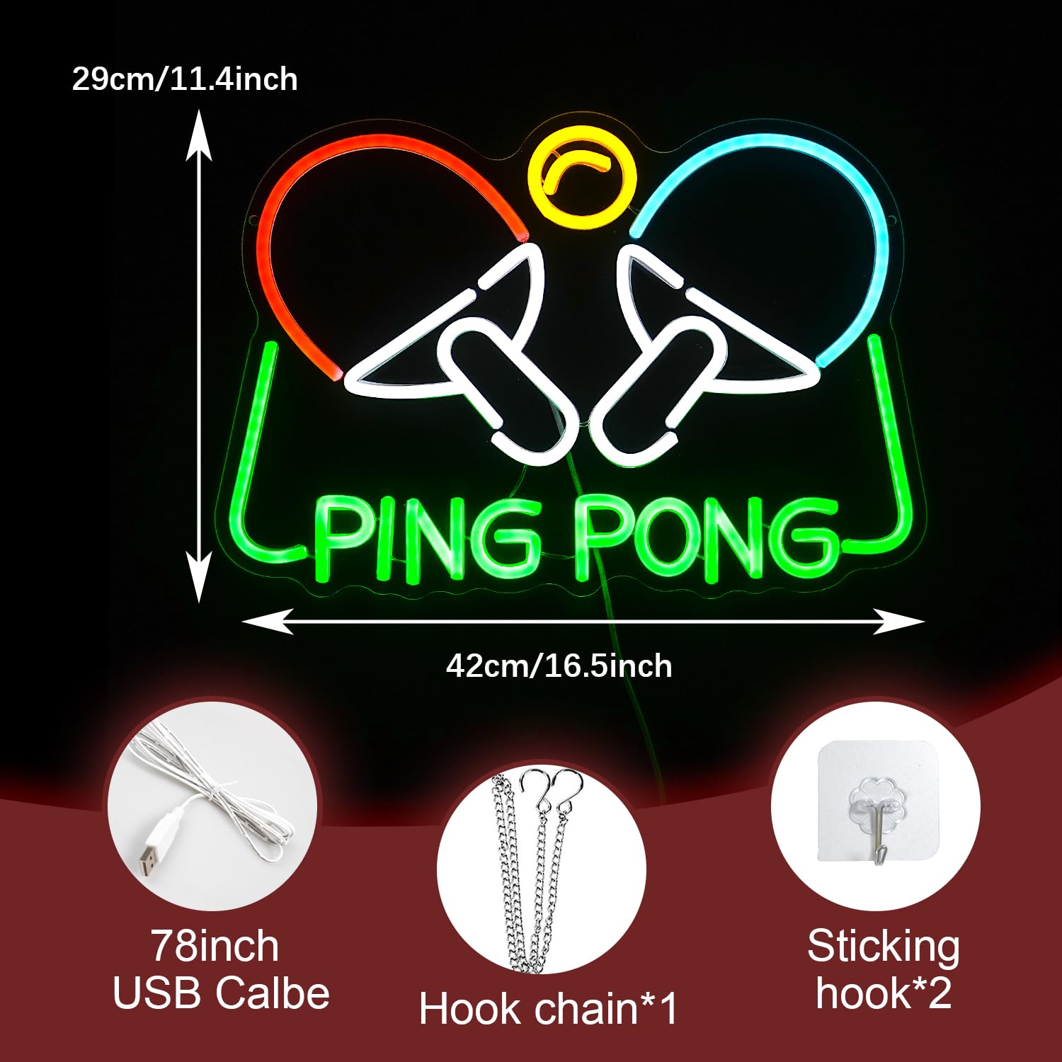 Ping Pong neonowy znak tenisa stołowego LED świecący znak do dekoracji ścian, 16,5 x 11,4 cala, ściemniana przez USB, neonowa lampa do ping ponga, na siłownię, do pokoju gier, sypialni,