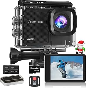 4K 60FPS Action Camera with 64GB Card-48MP Waterproof Camera,40M Underwater Camera,8X Zoom,EIS Stabilization,WiFi,Remote Control,MotorcycleCamera with 2 Rechargeable Batteries