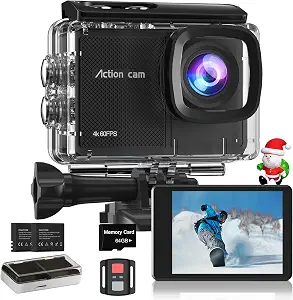 4K 60FPS Action Camera with 64GB Card, Waterproof, 40M Underwater, 8X Zoom, EIS Stabilization, WiFi, Remote