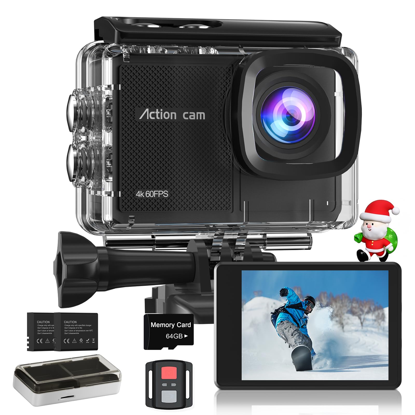 4K 60FPS Action Camera with 64GB Card-48MP Waterproof Camera,40M Underwater Camera,8X Zoom,EIS Stabilization,WiFi,Remote Control,MotorcycleCamera with 2 Rechargeable Batteries