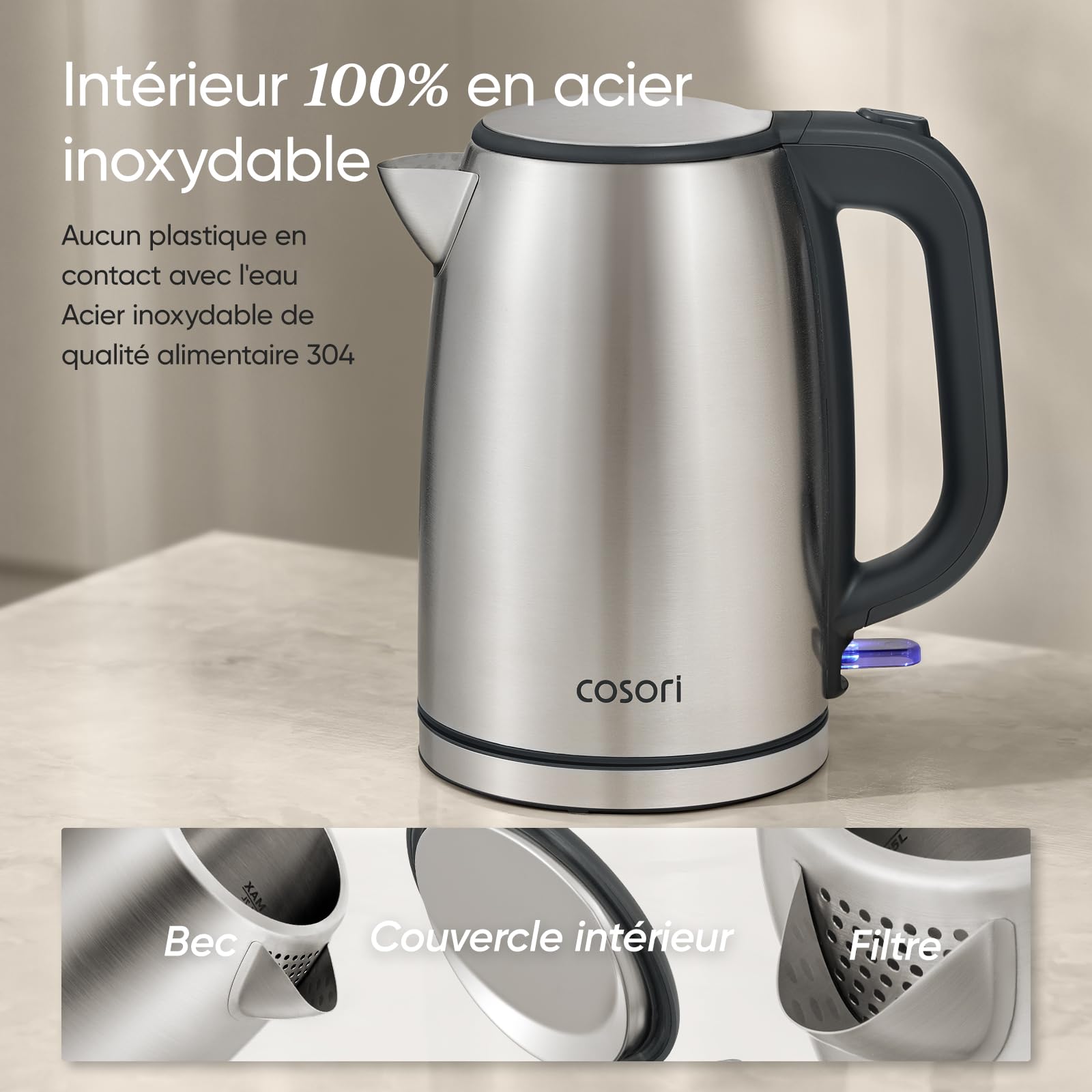 COSORI Hervidor de Agua Eléctrico 1,7L Acero Inoxidable 304, 2200W, Sin Plástico en Contacto con el Agua, Sin BPA, Ebullición Rápida, Termostato Strix, Base 360°, Apagado Automático, Negro/Plata — view 2