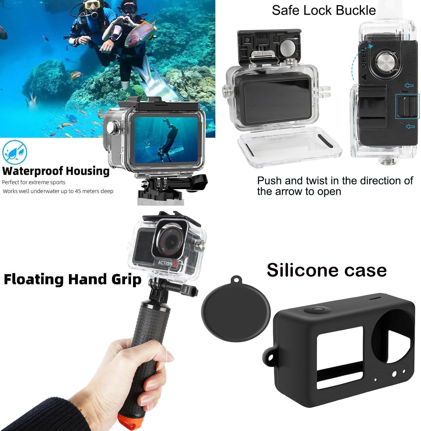 PellKing Accessories Kit for DJI Osmo Action 5pro/4/3,Carrying Case with Belt 135cm Selfie Stick Tripod Waterproof Housing Floating Handle Grip Magnetic Handlebar Mount Qucik Release4 in 1 Body Mount
