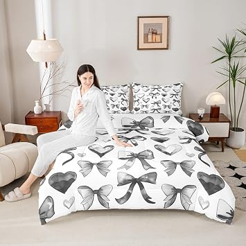 Dreamy Princess Style Bedding Set Twin Size Kids Coquette Bows Duvet Set For Boys Girls Teens Heart-shaped Comforter Breathable Soft Lightweight Microfiber Cute Bowknot Room Decor Duvet Quilt