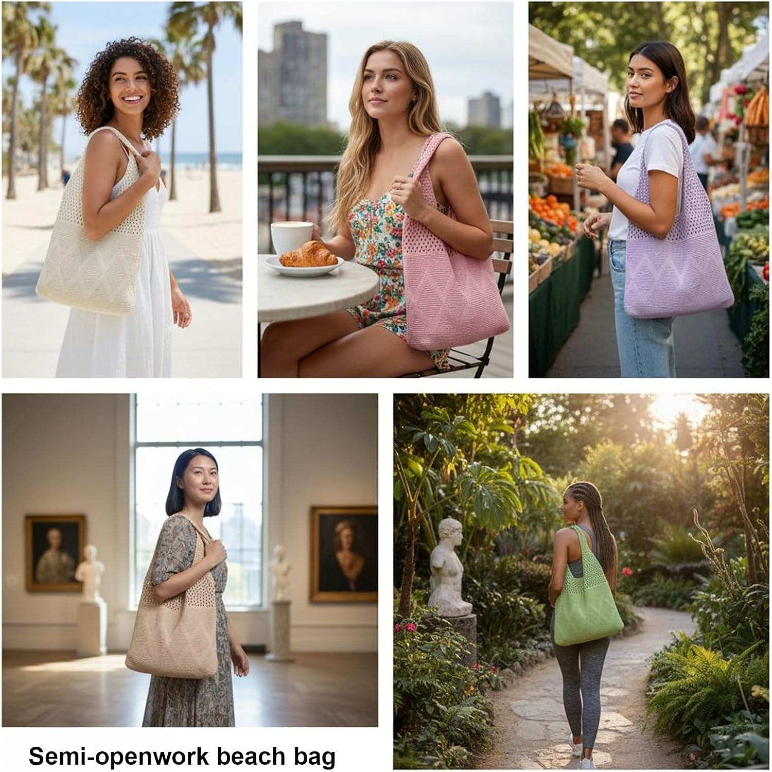 2/4 Pcs Crochet Mesh Beach Tote Bags, Summer Aesthetic Boho Knit Bag for Women Casual Vacation Essentials image 2