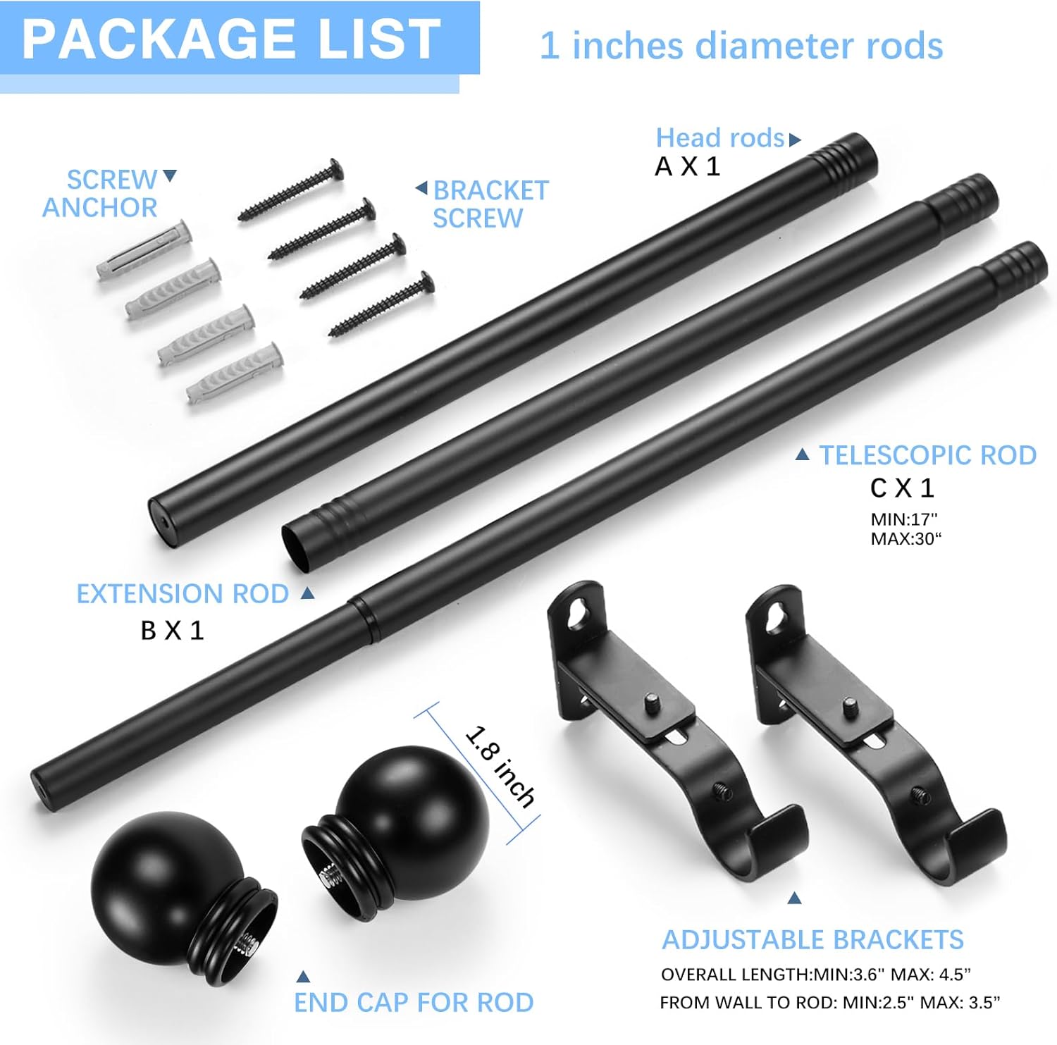 Curtain Rods for Windows 16 to 48 Inches, Curtain Rod Max Adjustable Length of 60 IN, 1" Diameter Drapery Rods Round Finials, Black, Pack of 1 - Image 3