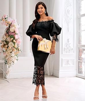 Amazon.com: LALAGEN Womens Puff Sleeve Lace Bodycon Long Maxi