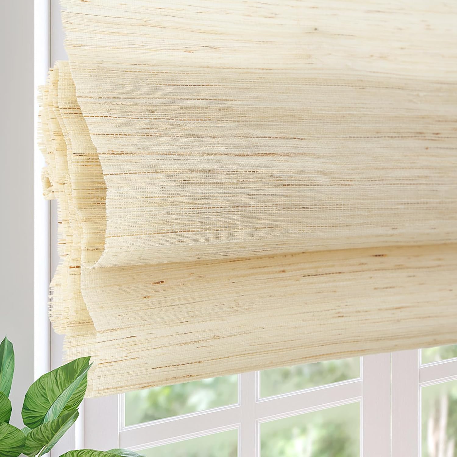 Cordless Blackout Bamboo Roman Shades, Natural Woven Reed Window Shades with 6 Inches High Valance, Custom Privacy Lined Bamboo Blinds for Indoor Windows, Doors, Blue Green