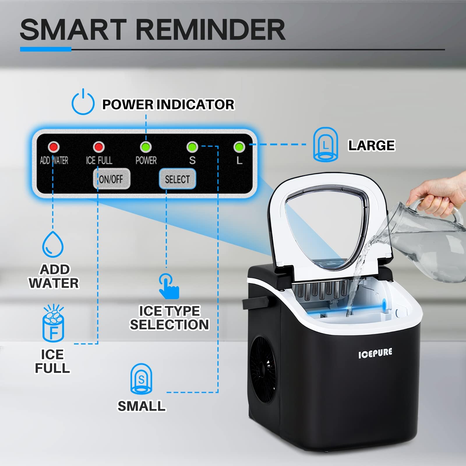 Machine à Glaçons ICEPURE 20kg/24h - 9 Glaçons En 6 Minutes - Auto-Nettoyante - Écran LCD