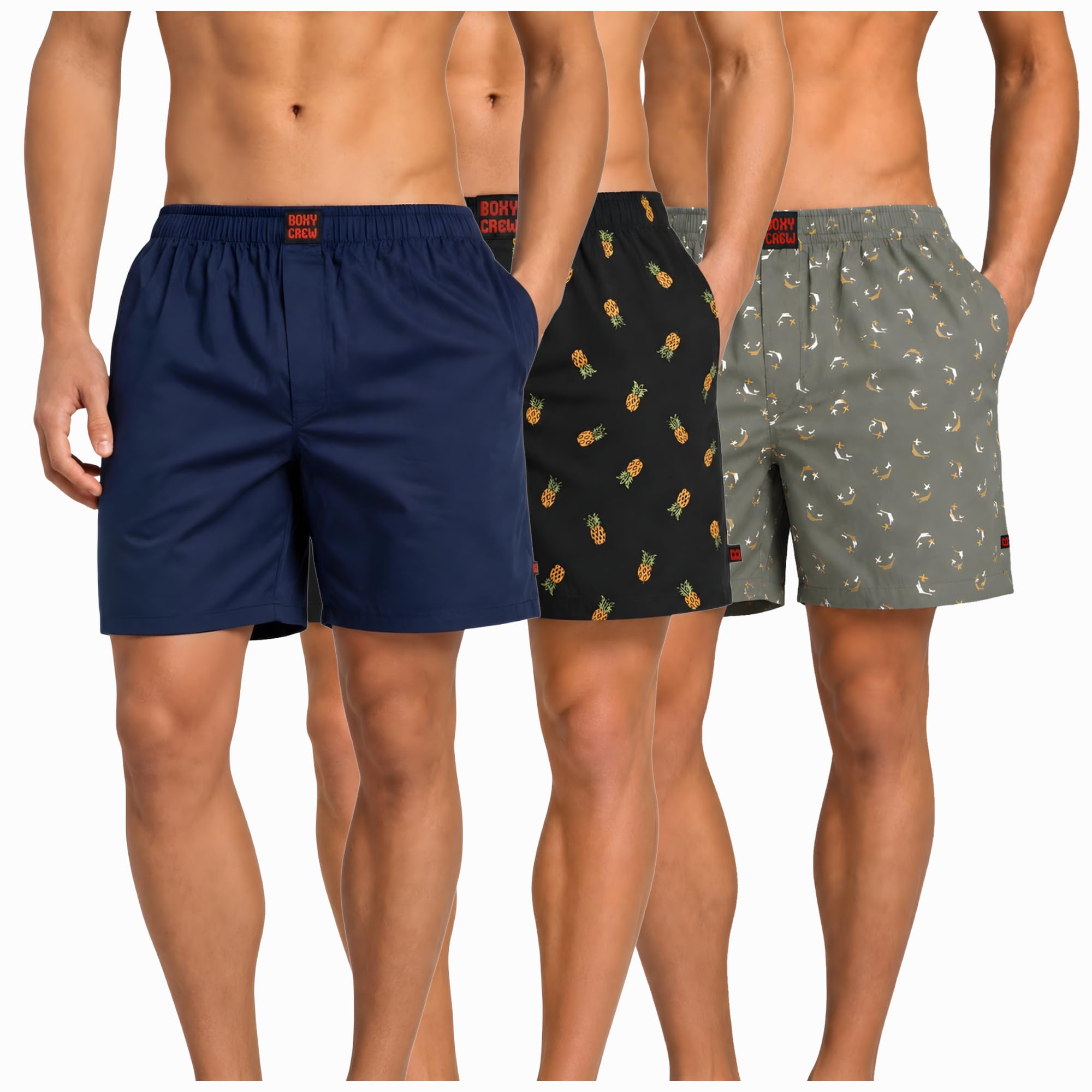 Men's 100% Cotton Boxer Shorts Pack of 3, Navy Blue, Charcoal & Green | Woven Boxers with Side Pockets, No-Marks Elastic Waistband, Breathable Relaxed Fit | Style 002-004-008-image-22